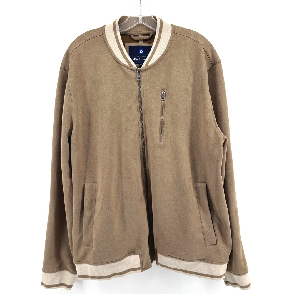 Ben Sherman Bomber Jacket Mens XL Tan Faux Suede Full Zip Mod Casual Coat Fall